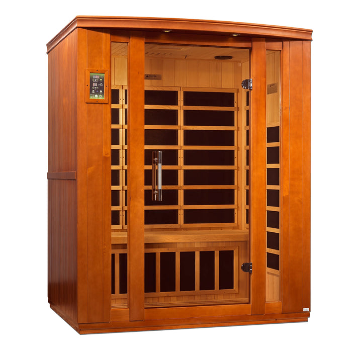 Dynamic Bellagio 3-person sauna with Canadian Hemlock, available at Next Wellness Revolution.