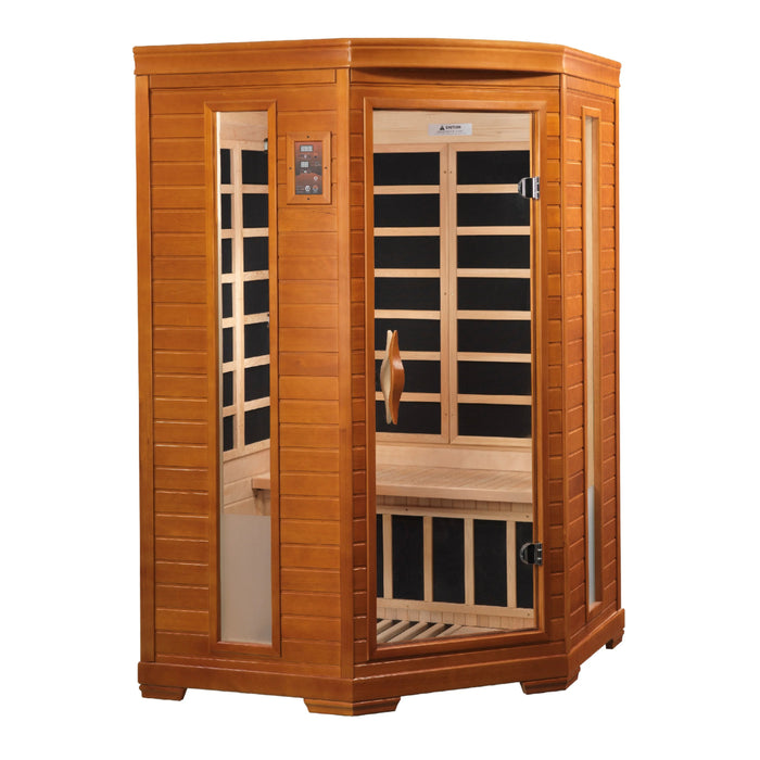 Dynamic Heming Elite 2-person corner sauna with Canadian Hemlock at Next Wellness Revolution.