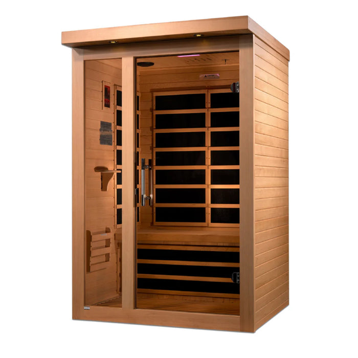 Bronze tinted tempered glass door and side windows of Llumeneres sauna