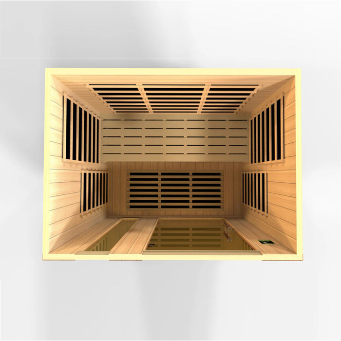 Interior of Dynamic Lugano sauna with chromotherapy and red light features.