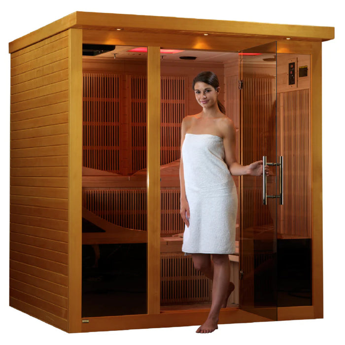 Dynamic Monaco sauna featuring Bluetooth, DVD player, and MP3 connectivity.