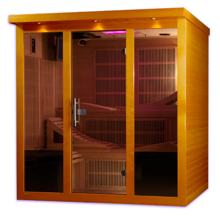 Interior of Dynamic Monaco sauna with LED control panels and accent lighting.