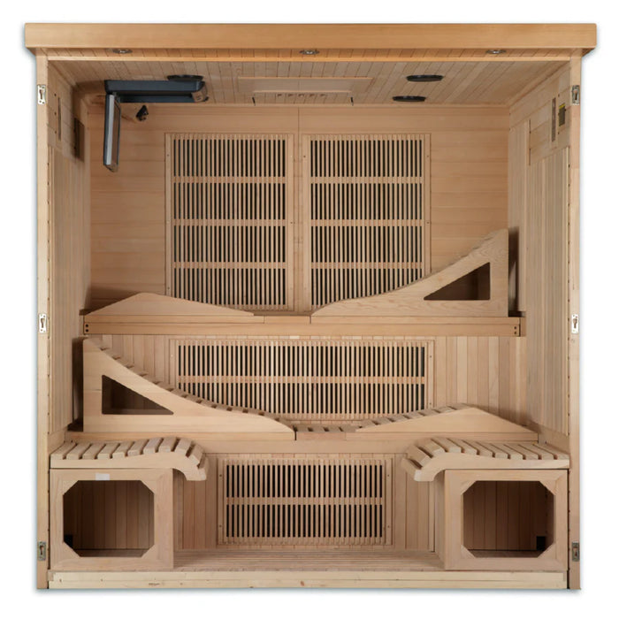 Monaco sauna showing full six-person capacity and eco-friendly Canadian Hemlock.