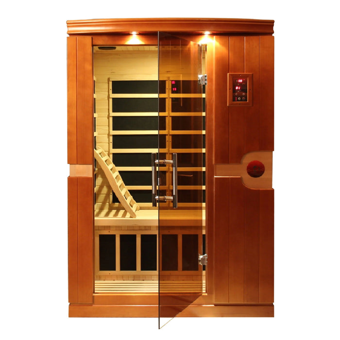 Bronze tinted tempered glass door and side windows of Venice Elite sauna.