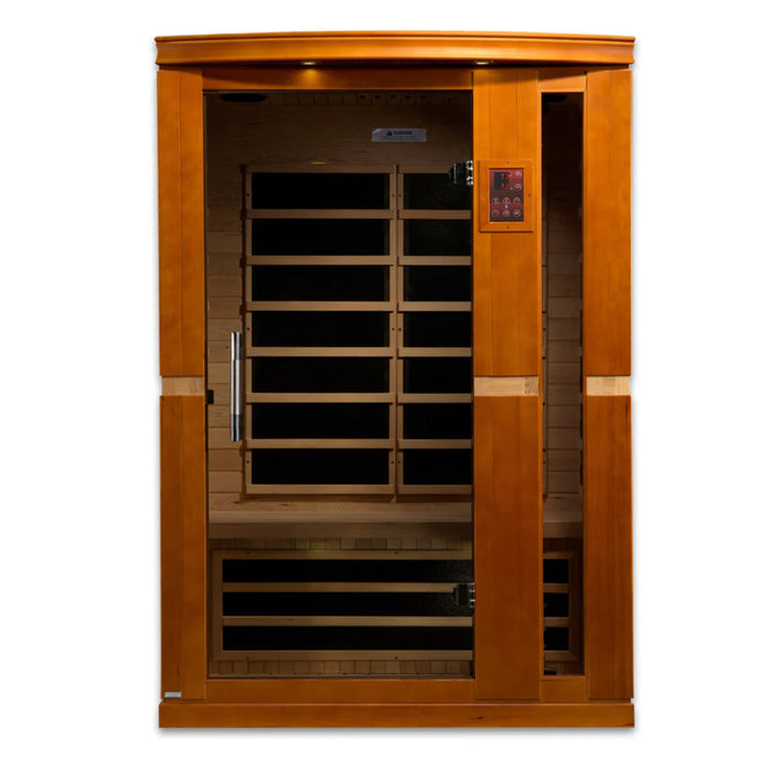 Bronze tinted glass door of Dynamic Vittoria sauna, stylish and modern.