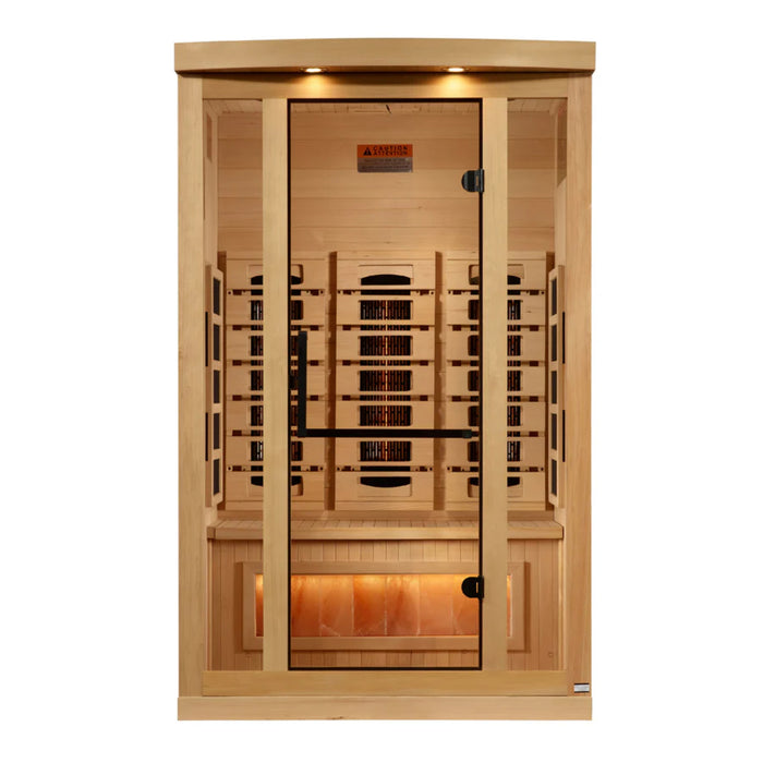 Interior view of 2-person sauna with Chromotherapy color lighting system.