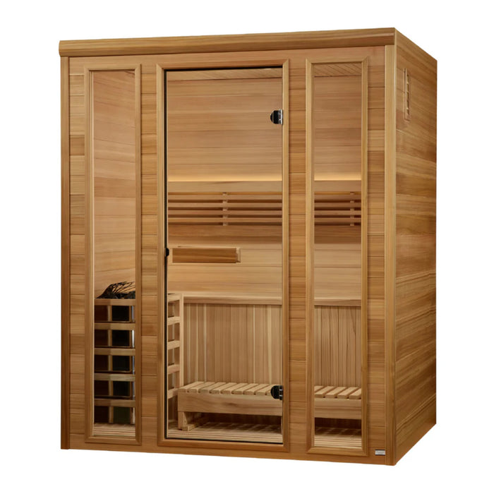 Traditional steam sauna by Golden Designs with clear tempered glass door.