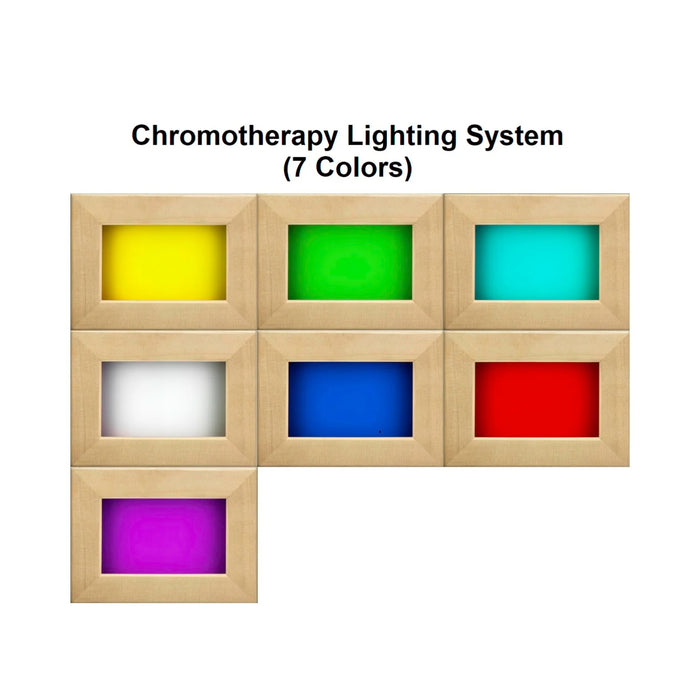 Spacious Engelberg sauna featuring premium Clear Cedar and Chromotherapy lighting.