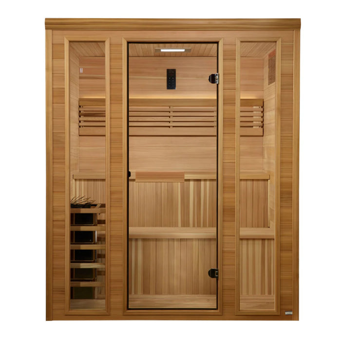 Golden Designs 6-person steam sauna with advanced touch screen controls.