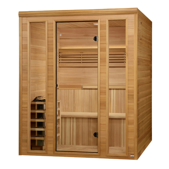 Traditional steam sauna by Golden Designs with clear tempered glass door.