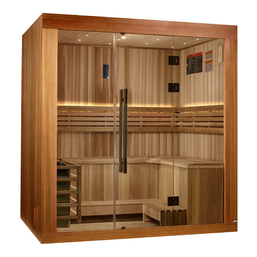 Spacious 3-person sauna featuring color therapy lighting and modern controls.