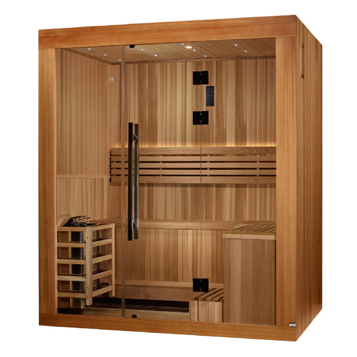 Traditional sauna with premium Cedar wood and galaxy star ceiling lighting.