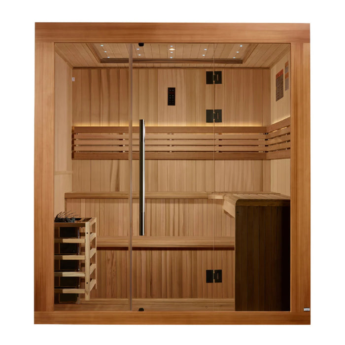 Golden Designs sauna with clear tempered glass and galaxy star lighting.