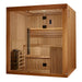 Large sauna with color therapy lighting and modern touch screen panel.