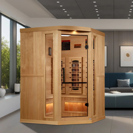 Interior view of Canadian Hemlock sauna with PureTech™ heating panels.