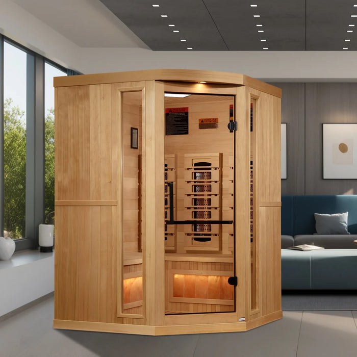 Interior view of Canadian Hemlock sauna with PureTech™ heating panels.