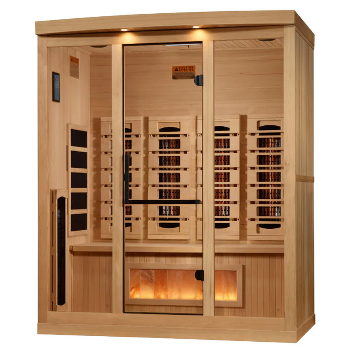 Golden Designs 4-person sauna with bronze glass door and lighting.