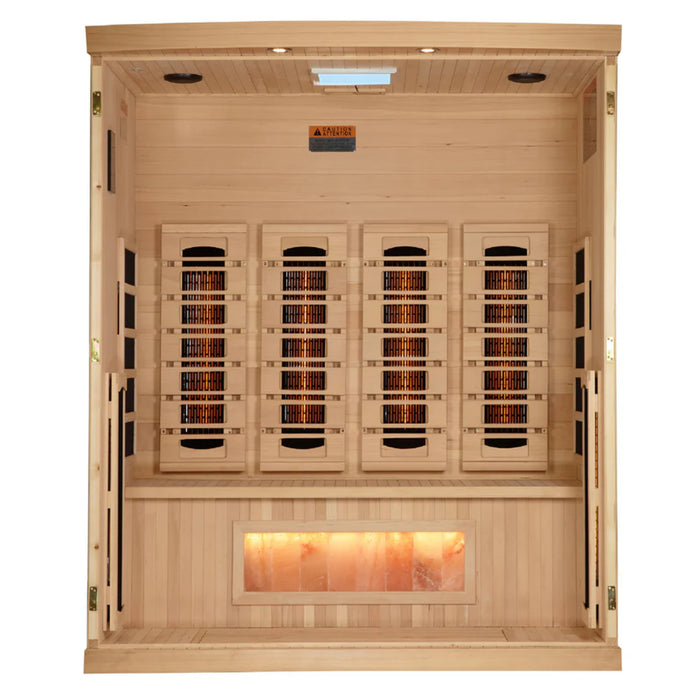 Golden Designs 4-person sauna with bronze glass door and lighting.