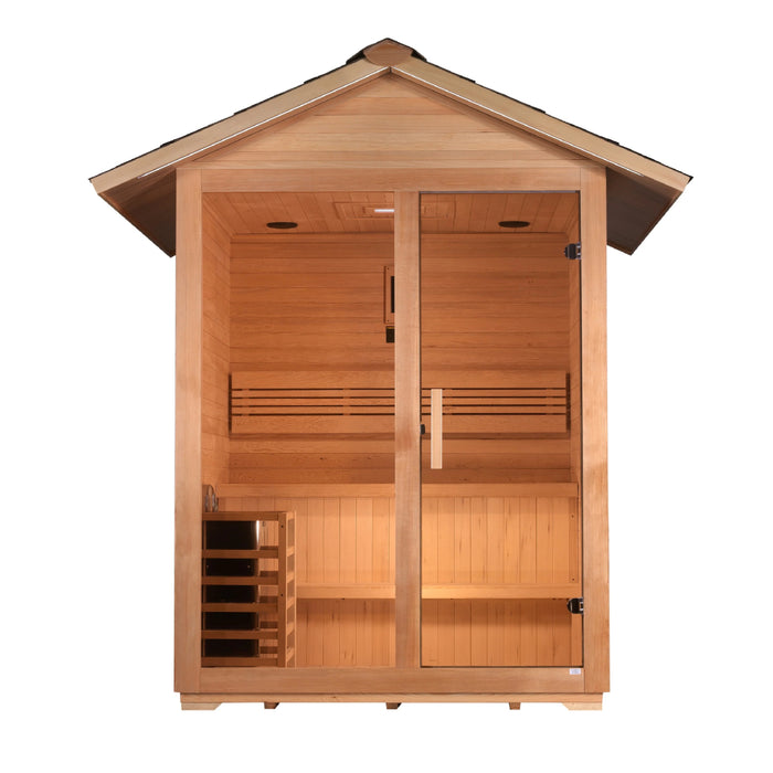 Outdoor view of Golden Designs Arlberg 3-person sauna with waterproof stain.