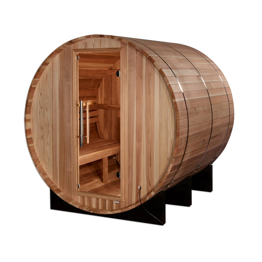 Golden Designs Arosa 4 Person Barrel Sauna in Pacific Cedar.