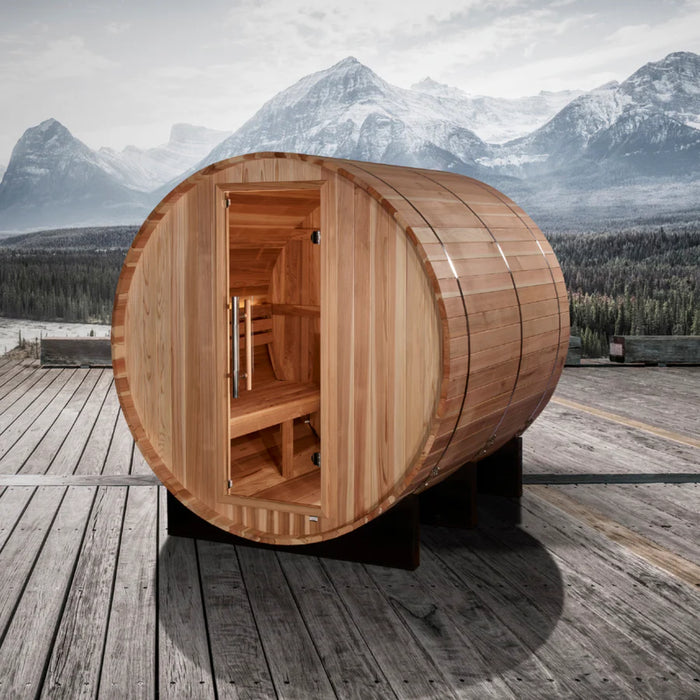 Traditional 4 Person Barrel Sauna with Pacific Cedar and bronze glass.