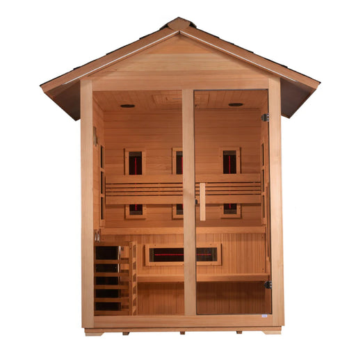 Golden Designs Carinthia 3-person hybrid outdoor sauna with Canadian Hemlock.