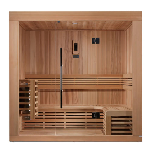 Golden Designs 3-person sauna with Canadian Red Cedar and color therapy.