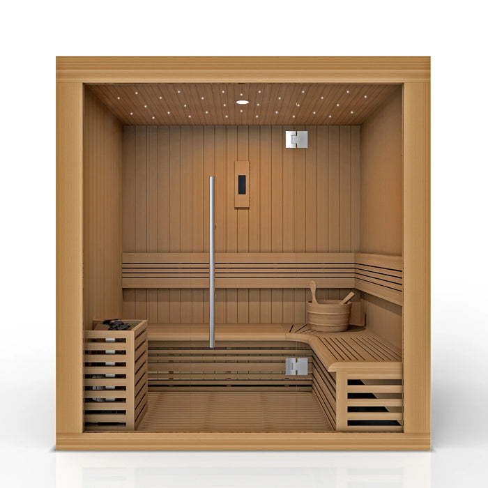 Golden Designs sauna with color therapy lighting and touch screen controls.