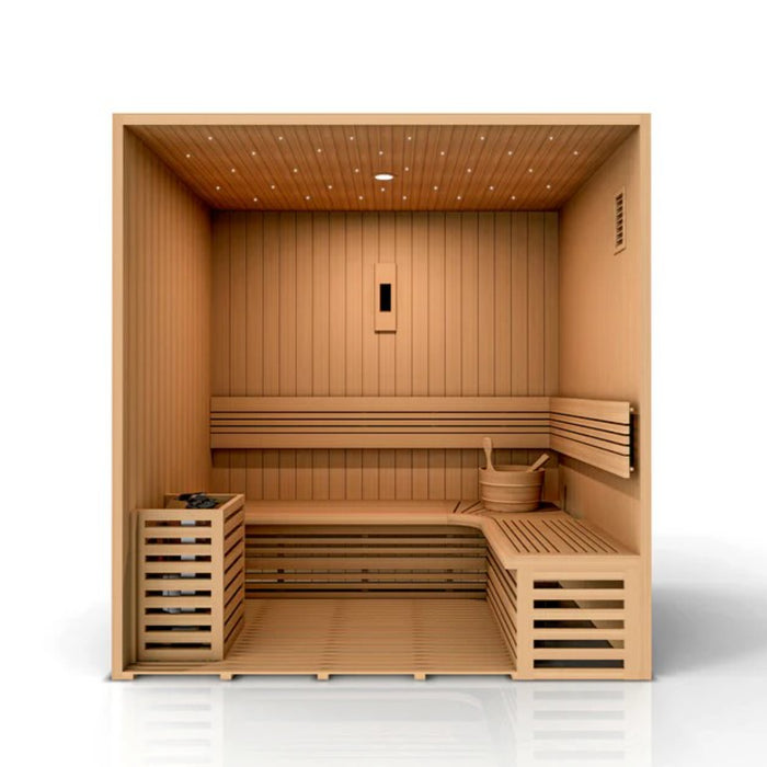 Spacious 3-person sauna by Golden Designs with performance speakers and bucket.