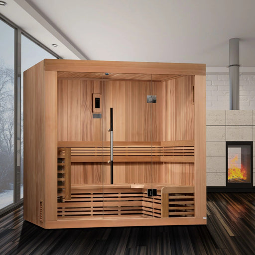 Traditional sauna with touch screen panel, Bluetooth, and color therapy.