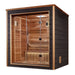 Drammen Outdoor Sauna featuring clear tempered glass door and backrest.