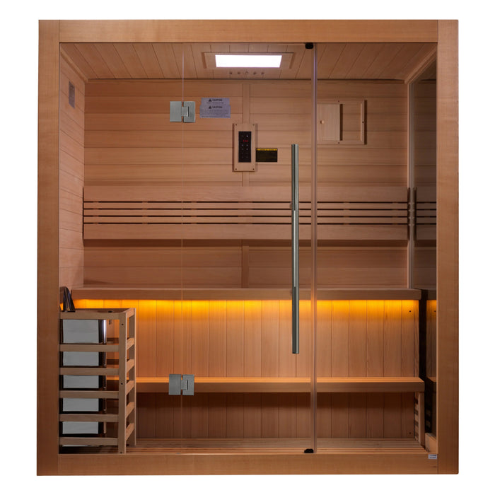 Full view of Forssa Edition sauna with chromotherapy lighting system