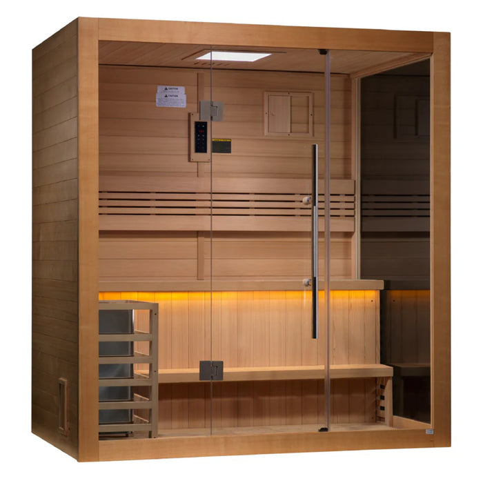 Golden Designs Forssa Edition 3-person sauna in a modern home setting.