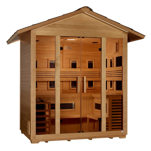 Golden Designs Gargellen 5-person hybrid outdoor sauna with Canadian Hemlock.