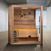 Compact 2-person sauna by Golden Designs with Chromotherapy lighting.