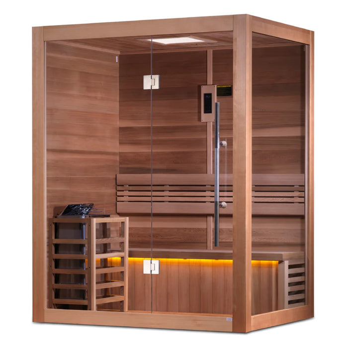 Indoor or covered outdoor sauna with built-in FM radio and Bluetooth.