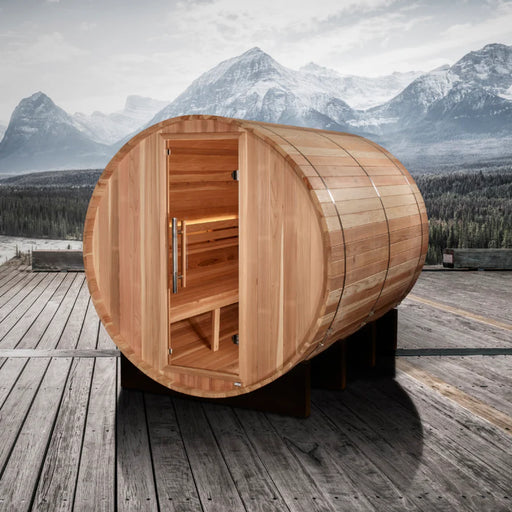 Spacious 6 Person Barrel Sauna featuring Pacific Cedar and bronze door.