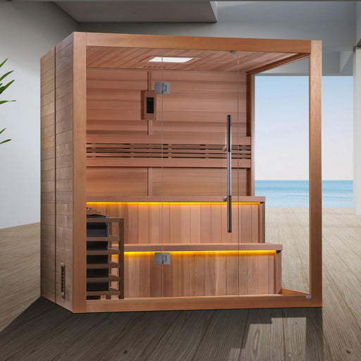 Kuusamo Edition sauna with oversized chromotherapy color lighting system.