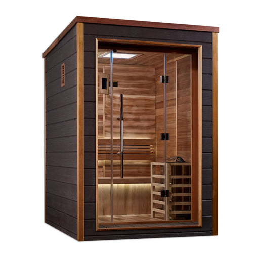 Golden Designs Narvik 2 Person Outdoor Sauna with Canadian Red Cedar interior.