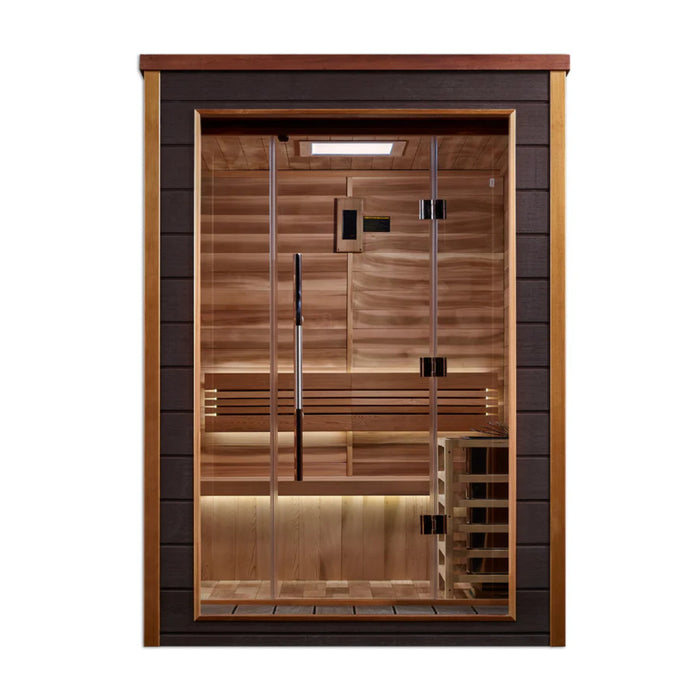 Golden Designs Narvik Outdoor Sauna featuring clear tempered glass door.