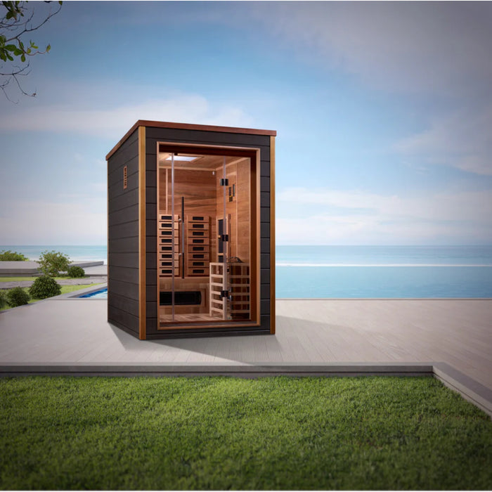 Golden Designs Nora 2 Person Hybrid (PureTech™ Full Spectrum IR or Traditional Stove) Outdoor Sauna - Canadian Red Cedar Interior