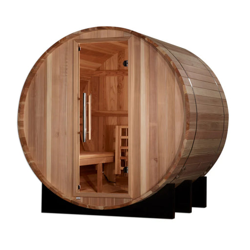 Traditional 2 Person Barrel Sauna with Pacific Cedar and bronze glass.