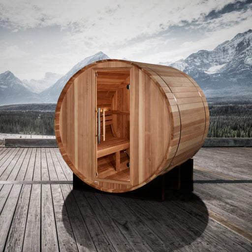 Outdoor 2 Person Sauna with touch screen control panel and lighting.