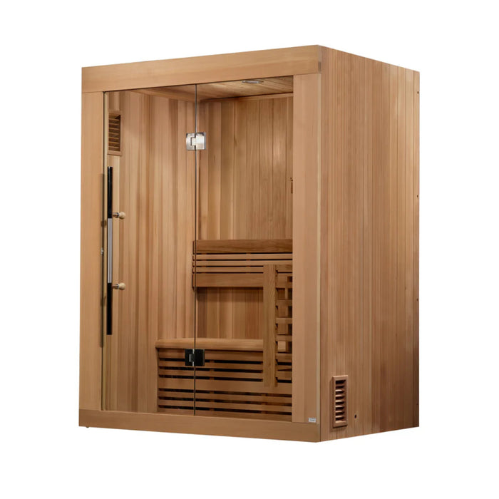 Traditional sauna by Golden Designs featuring Canadian Red Cedar wood.