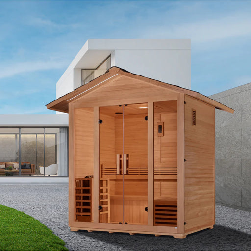 Outdoor view of Golden Designs Vorarlberg 5-person sauna with waterproof stain.