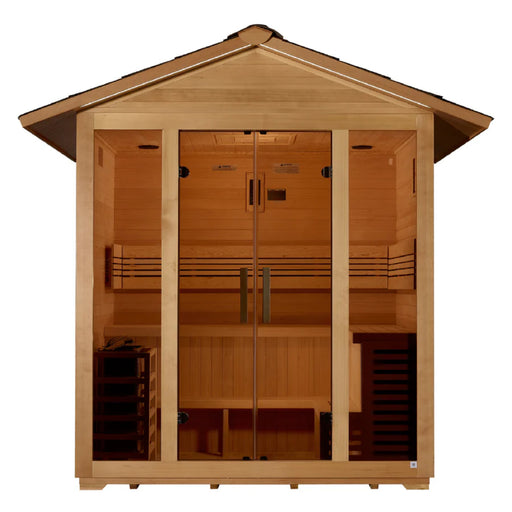 Golden Designs Vorarlberg 5-person outdoor sauna with Canadian Hemlock wood.