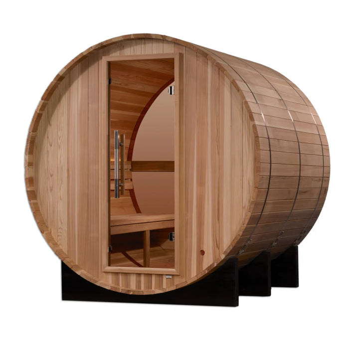 Golden Designs Zurich 4 Person Barrel Sauna with bronze privacy view.