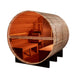 Golden Designs Zurich 4 Person Barrel Sauna with touch screen control.