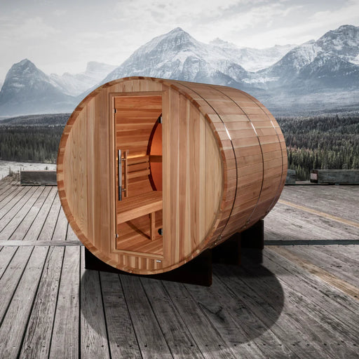 Pacific Cedar 4 Person Barrel Sauna with bronze privacy glass door.