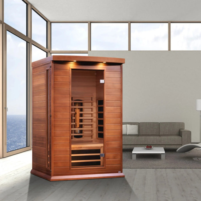 Premium Red Cedar sauna with near zero EMF and interior control panel.